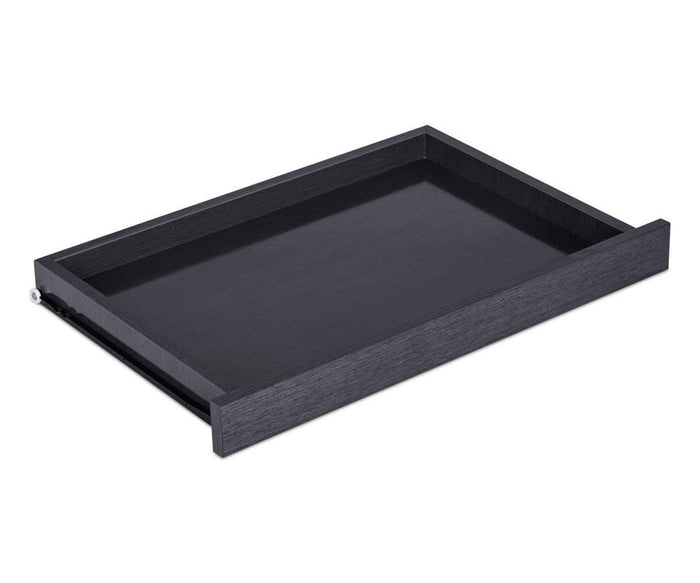 The Mondiana Central Keyboard is a rectangular black wooden tray with raised edges on three sides and an open front edge, designed for desk organization, displayed on a white background.