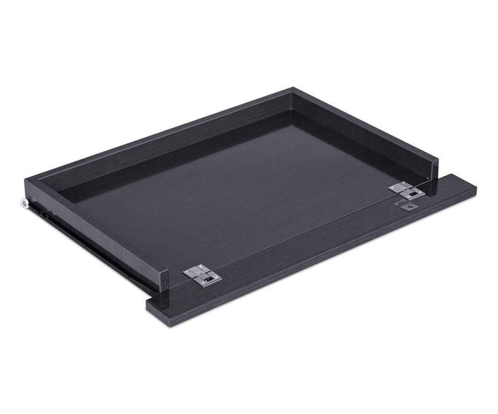 Mondiana Central Keyboard: A rectangular black wooden keyboard tray featuring metal hinges and a sliding mechanism on one side, designed for desk organization and shown isolated on a white background.