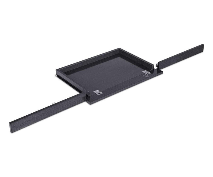 A sleek black rectangular wooden tray, featuring extended metal tracks on both sides for smooth slide-out functionality, is designed for easy installation in furniture—making it the perfect desk organizer and keyboard tray, and an ideal addition to the Mondiana Complete Keyboard.