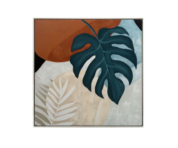 Discover the Moonlit Monstera Oil Painting—a multi-colored, hand-painted canvas artwork featuring a prominent green monstera leaf set against beige, white, and orange organic shapes. Accented by a delicate white fern on the left, this piece embodies tropical charm and dreamy elegance.