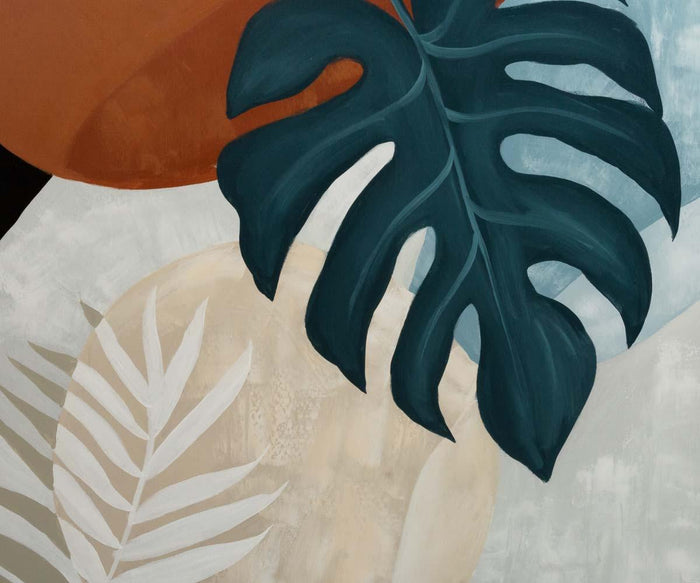 Moonlit Monstera Oil Painting features a dark green monstera leaf overlapping a beige palm leaf, set against soft earth-toned shapes. This hand-painted canvas art beautifully captures the serene beauty of foliage, evoking the lush tranquility of a tropical oil painting.