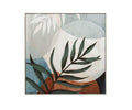 Bring a modern and minimalistic touch to your space with the Moonlit Palm Oil Painting—an abstract canvas featuring a green botanical motif in the foreground, set against overlapping shapes in muted blue, white, beige, and rust tones. This hand-painted multi-color artwork is ideal for lovers of mid-century modern wall art.