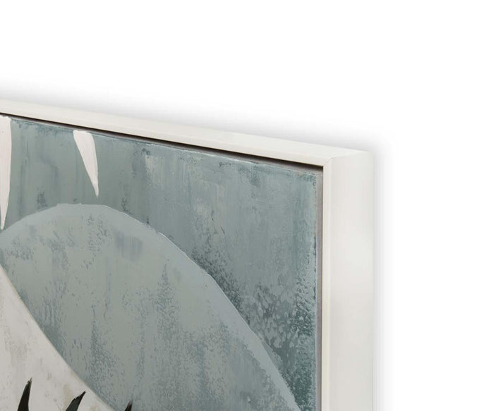 Close-up of the Moonlit Palm Oil Painting, a framed abstract artwork showcasing blue and white curved shapes, with the edge of its sleek white frame visible against a plain white background. This hand-painted canvas captures a mid-century modern aesthetic, making it an ideal statement piece for contemporary interiors.