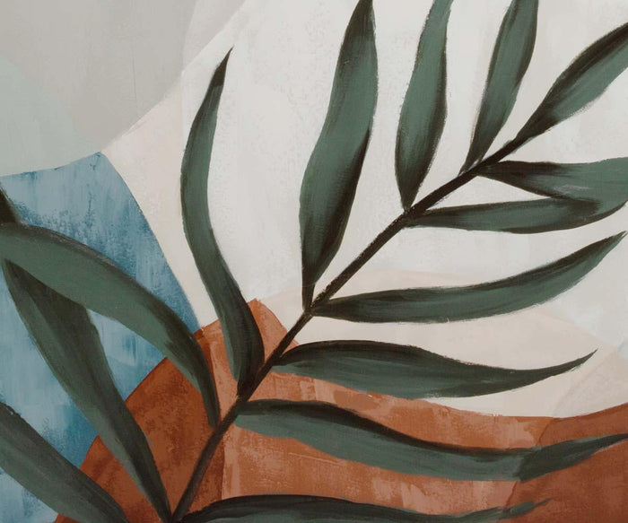Moonlit Palm Oil Painting features an abstract depiction of a green leafy branch set against geometric shapes in soothing blue, brown, and white tones. Inspired by the sleek style of mid-century modern wall art, its background showcases soft, blended colors and smooth, curved lines reminiscent of hand-painted canvas art.