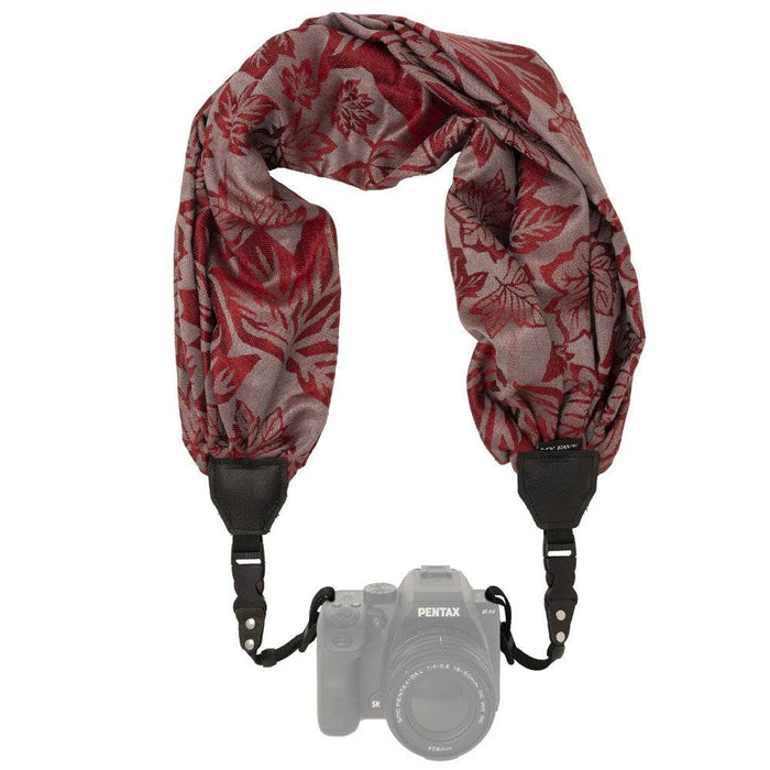 My Fave Camera Strap red floral scarf style with leather reinforced ends for camera safety and comfort