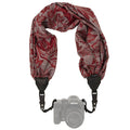 My Fave Camera Strap red floral scarf style with leather reinforced ends for camera safety and comfort