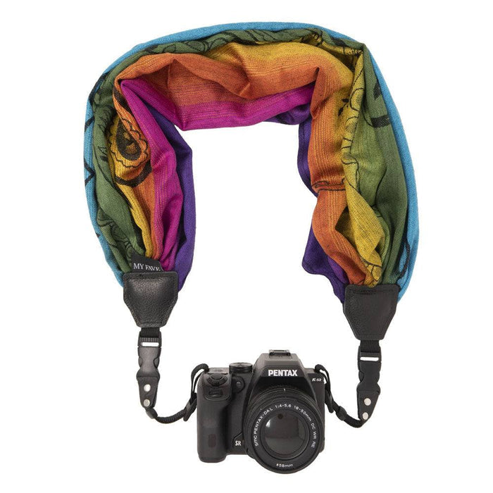 Stylish My Fave Camera Scarf Strap with quick release buckle and leather-reinforced ends for comfort and durability