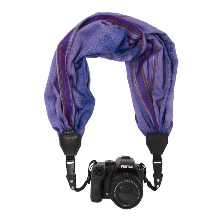 Stylish My Fave Camera Scarf Strap with leather-reinforced ends and quick release buckle