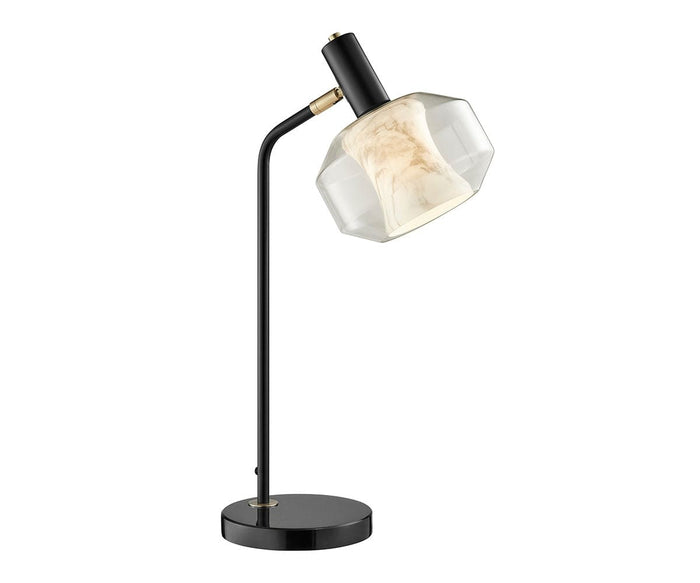 The Naeva Table Lamp in black features a contemporary design with a sleek base and stand, complemented by an angled double-glass shade with a marbled white interior that provides soft illumination, showcased against a white backdrop.