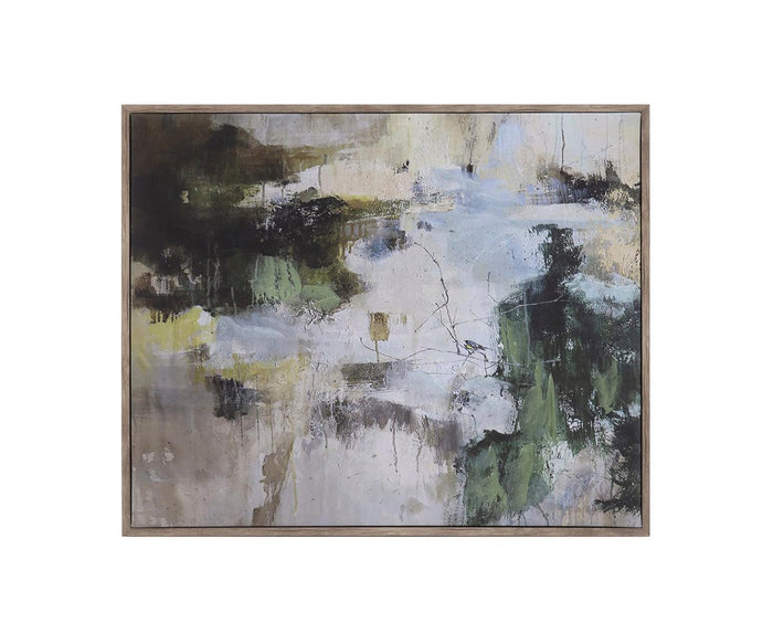 Nature Walk Wall Art features abstract painting in grey and multi colors with soft, blended patches and brushstrokes for a tranquil look, reminiscent of a peaceful walk in nature. This giclée artwork comes framed with a simple wooden border.