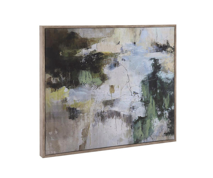 Introducing the Nature Walk Wall Art, a framed abstract painting featuring dark, green, white, and blue brushstrokes seamlessly blending to create a textured, modern aesthetic. This giclée piece beautifully captures the dynamic essence of nature through its richly layered composition.
