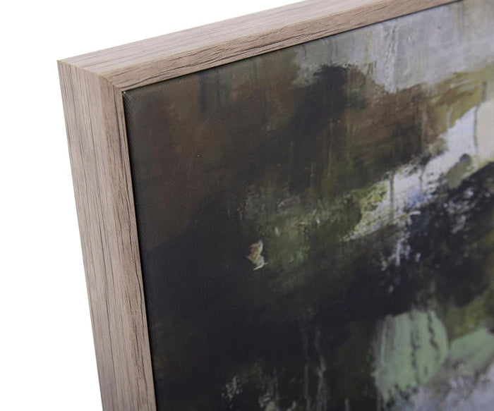 Close-up of the top corner of a framed abstract painting with a wooden frame, showcasing a mix of dark, muted green and black brushstrokes on the canvas. The Nature Walk Wall Art captures the essence of wandering through nature and is beautifully reproduced as a museum-quality giclée print.