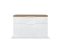A modern Oakley Entryway Bench featuring two drawers in a glossy white finish with an oak melamine top, designed for home organization, viewed from the front against a white background.