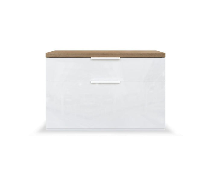 A modern Oakley Entryway Bench featuring two drawers in a glossy white finish with an oak melamine top, designed for home organization, viewed from the front against a white background.