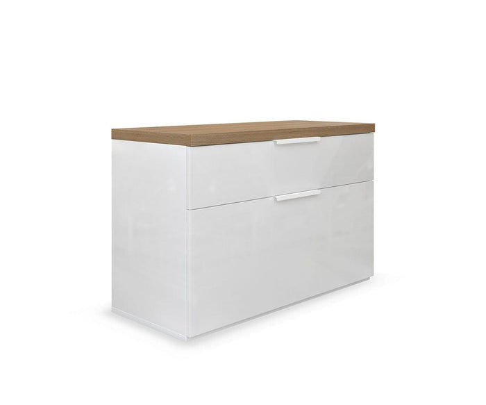 The Oakley Entryway Bench features a modern white storage cabinet design with a wood top and two drawers, shown against a white background. Perfect for home organization, this bench offers a sleek, minimalist look with integrated handles.