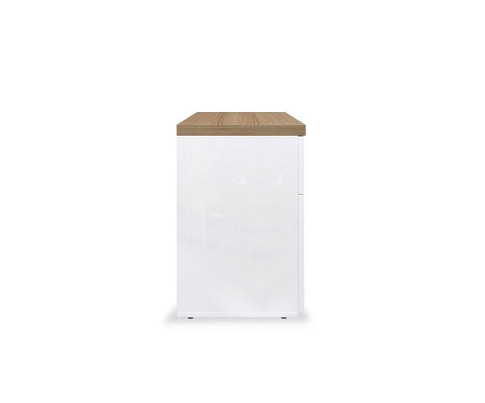 The Oakley Entryway Bench features a white rectangular cabinet with a brown wood top, shown from the side against a plain white background. Ideal for home organization, this eco-friendly piece also doubles as a stylish entryway bench.