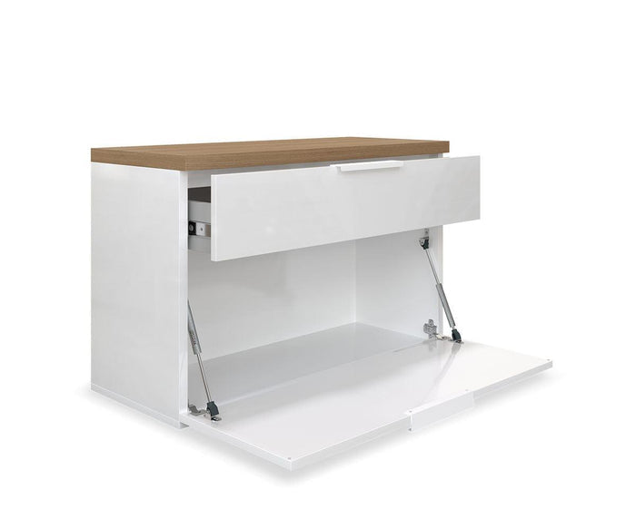 The Oakley Entryway Bench is a white modern storage cabinet with a wood top, featuring one upper drawer and a lower compartment with a drop-down door supported by metal hardware—an ideal choice for eco-friendly home organization or use as an entryway bench.