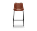 A modern minimalist bar stool, the Oken Bar Stool features a saddle leather seat and backrest complemented by sleek black metal legs and a convenient footrest, shown against a white background.