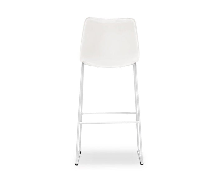 The Oken Bar Stool, shown from the back against a plain white background, features a modern white molded seat and sleek metal legs, representing minimalist bar stool design.