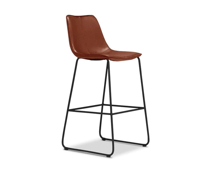 The Oken Bar Stool features a curved brown seat and black metal legs with a footrest, offering a sleek, minimalist design that complements any modern setting.