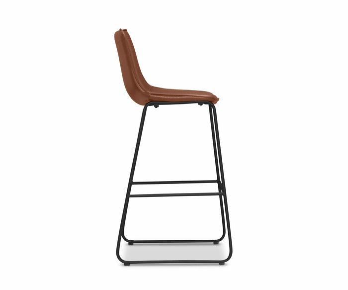 Introducing the Oken Bar Stool—a minimalist bar stool featuring a brown leather seat and backrest, set atop a sleek black metal frame. Captured in a side profile against a plain white background, the Oken Bar Stool blends contemporary design with understated elegance.