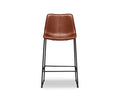 The Oken Counter Stool in Saddle features a modern design with a curved seat and backrest upholstered for comfort, supported by sleek black metal legs and footrests, shown against a white background.