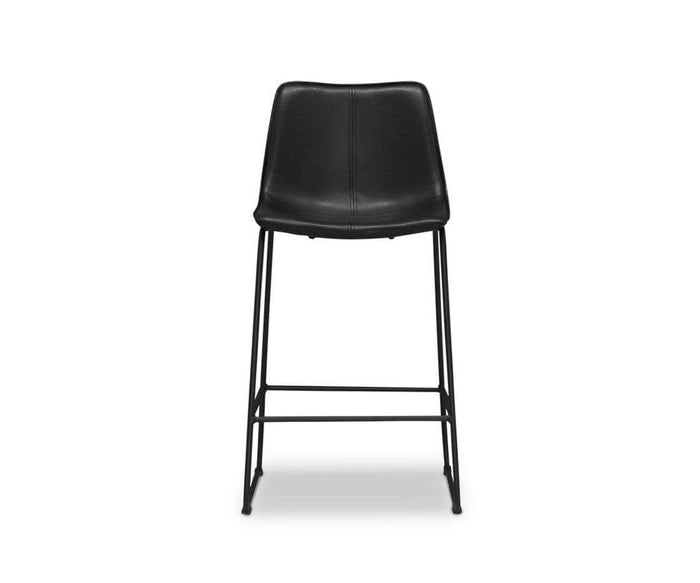 The Oken Counter Stool features a modern design with a black metal frame, leather-upholstered seat and backrest, slim metal legs, and a footrest, shown against a plain white background.