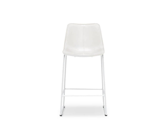 The Oken Counter Stool, shown here in white, features a curved seat and sleek metal sled legs, displayed from the front against a white background. Its minimalist design brings contemporary flair to any space.