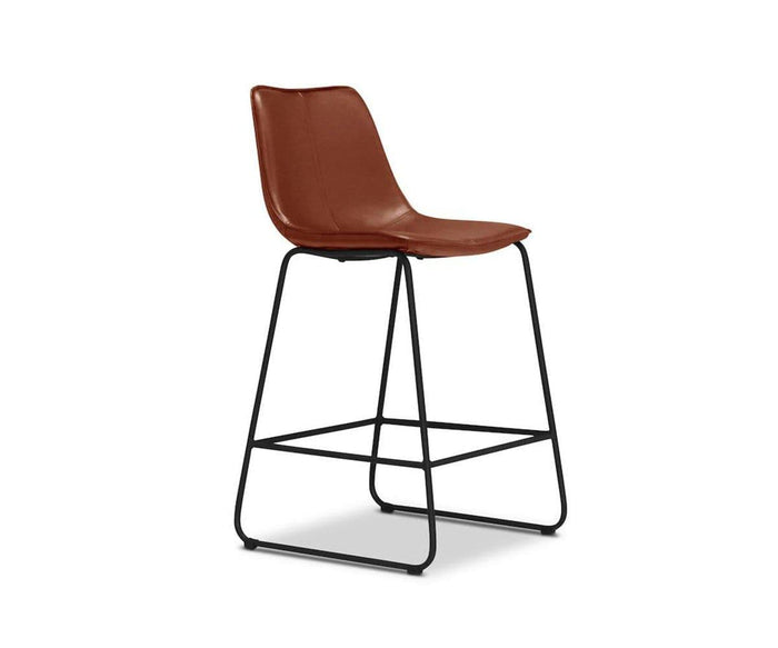 Introducing the Oken Counter Stool—a modern counter stool featuring a brown leather seat and sleek black metal legs, highlighted by its minimalistic design and built-in footrest. Upholstered for comfort and set against a plain white background, this contemporary piece is the perfect addition to elevate any kitchen or dining area.