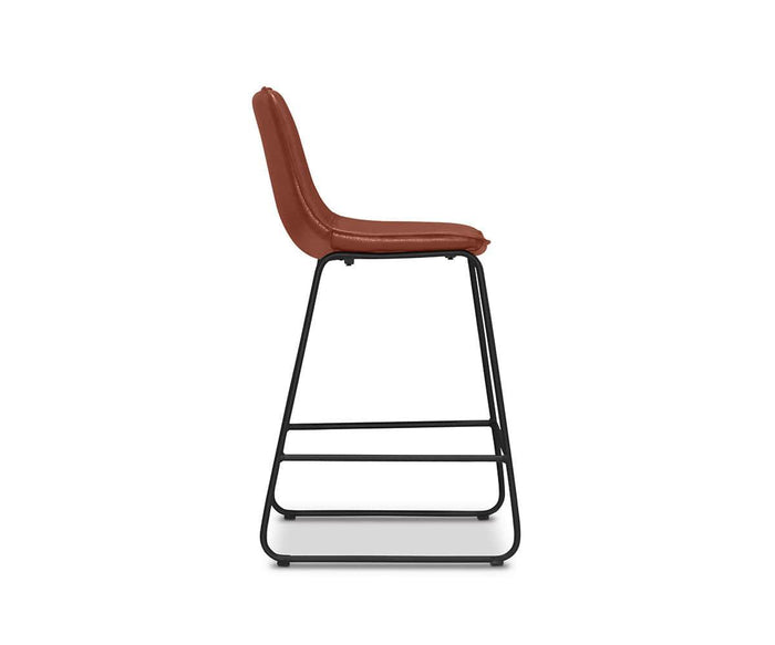 Side view of the Oken Counter Stool, featuring a brown cushioned seat and backrest supported by a sleek black metal frame with a footrest—a stylish choice for contemporary interiors.