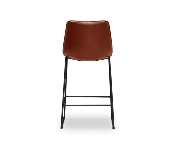 The Oken Counter Stool, featuring a modern brown design with a curved backrest and black metal legs, is displayed against a white background as seen from the back.
