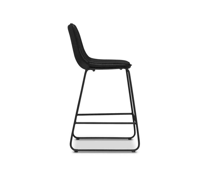 The Oken Counter Stool features a modern design with a black padded seat and backrest, set on a slim black metal frame with an integrated footrest, and is shown in profile against a plain white background.