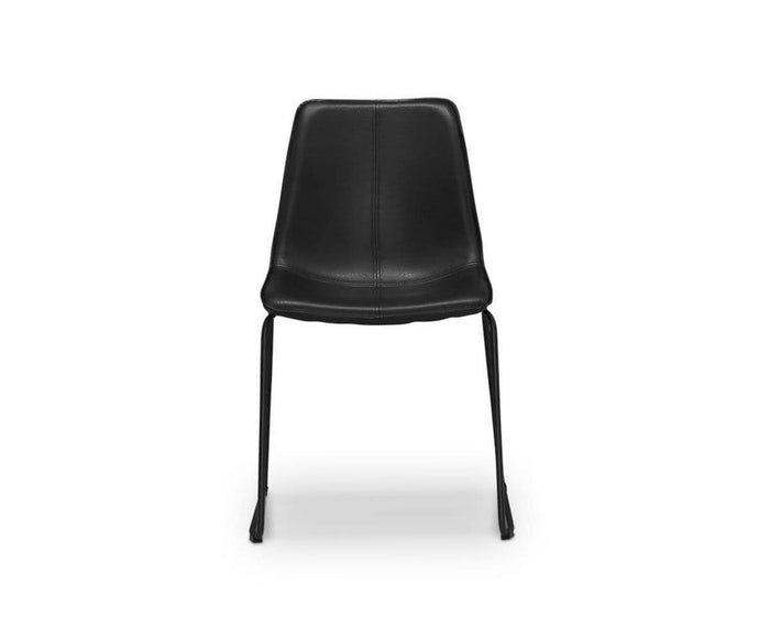 A front-facing view of the Oken Dining Chair in black, featuring a molded seat, slim legs, and a minimalist design, set against a plain white background.