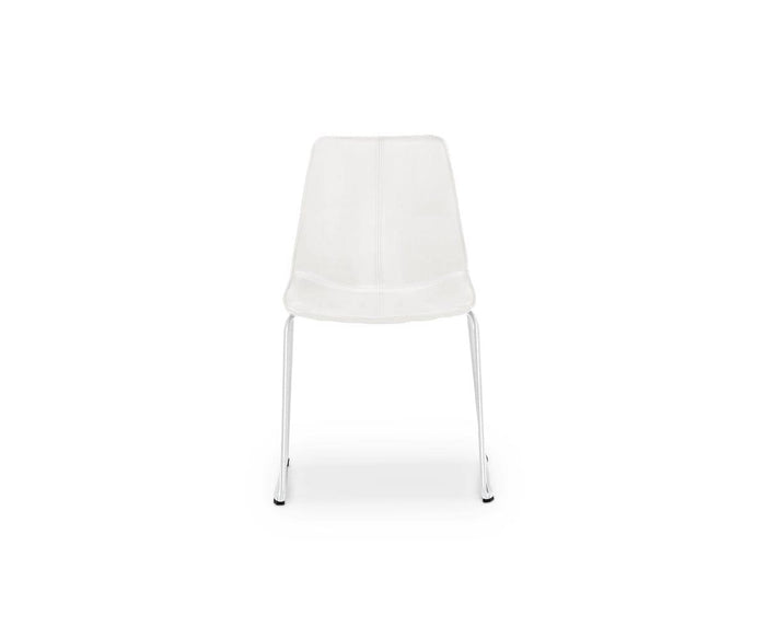 The Oken Dining Chair in white features a minimalist design with a smooth, simple seat and four slender metal legs, photographed against a plain white background and facing forward.