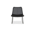 The Oken Lounge Chair, in black, features a modern curved back and seat designed for comfortable seating, supported by slim metal legs and photographed against a plain white background.