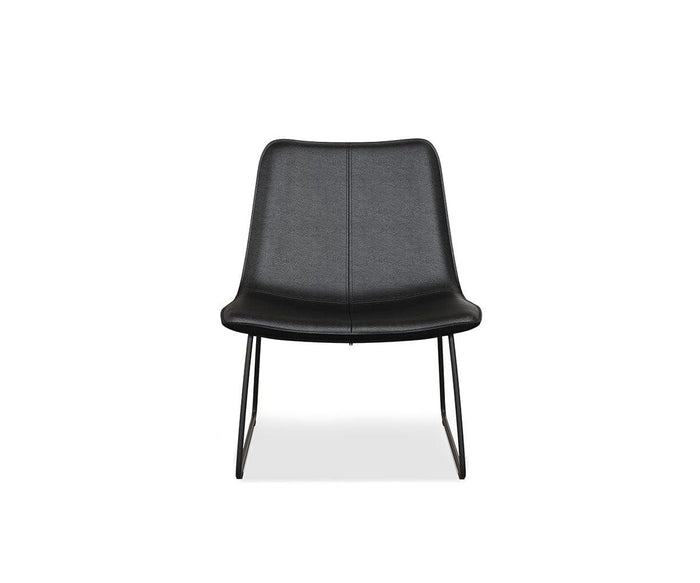 The Oken Lounge Chair, in black, features a modern curved back and seat designed for comfortable seating, supported by slim metal legs and photographed against a plain white background.