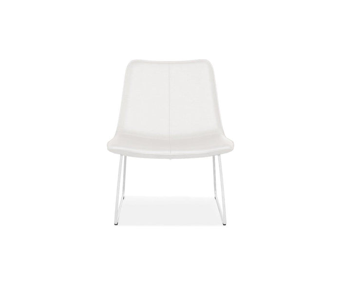 The Oken Lounge Chair, shown from the front against a plain white background, features a modern armless design with a slightly curved backrest and sleek white metal legs. This minimalist white chair offers comfortable seating for any contemporary space.