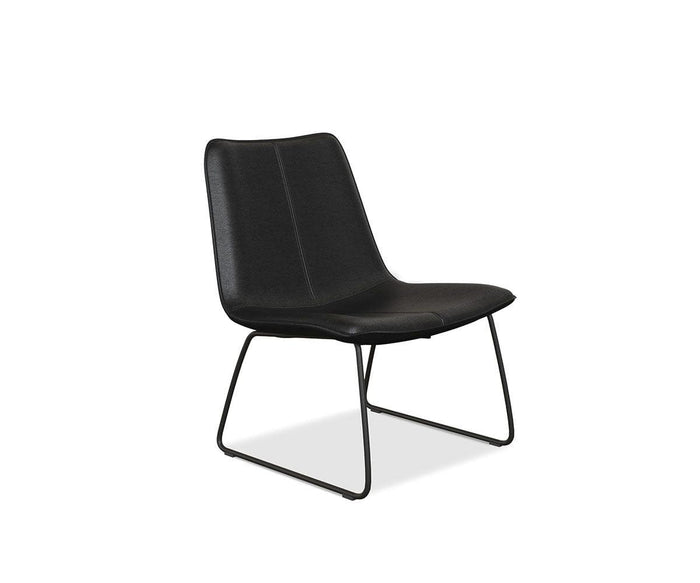 The Oken Lounge Chair features a modern black design with a thin metal frame and a low, slightly reclined seat and backrest for comfortable seating, showcased against a plain white background.