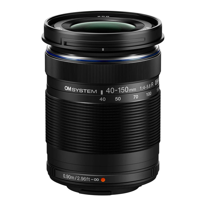 The OM System M.Zuiko 40-150mm f4-5.6 R ED mirrorless lens in black on a white background
