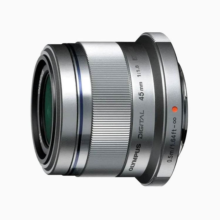 OM System M.Zuiko Digital 45mm f1.8 silver portrait lens with shallow depth of field and silent focusing technology