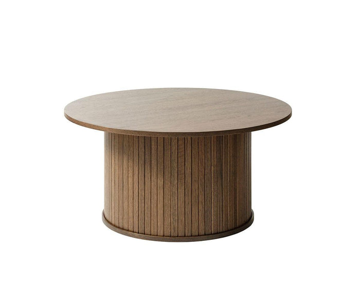 The Orella Round Coffee Table in walnut veneer features a flat top and a cylindrical base with vertically-slatted, elegant tambour paneling—perfect for enhancing any modern living room. Shown on a white background.