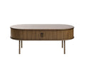 Oval wooden coffee table in a walnut veneer finish, featuring vertical slatted sides reminiscent of tambour paneling, two central handles on cabinet doors, and four straight legs—a stylish Orella Storage Coffee Table perfect for any modern living room.