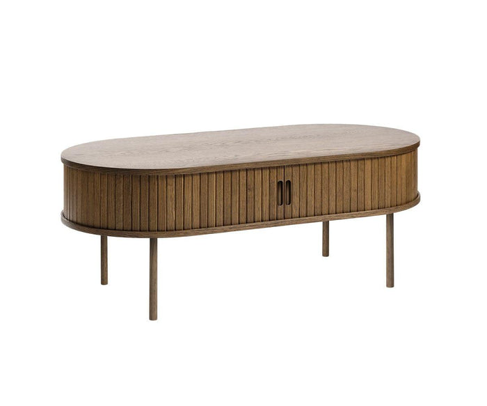 The Orella Storage Coffee Table showcases a mid-century modern design with a natural wood finish, featuring an oval shape, vertical tambour paneling, two central handles, and four slender legs—making it a perfect addition to any modern living room.