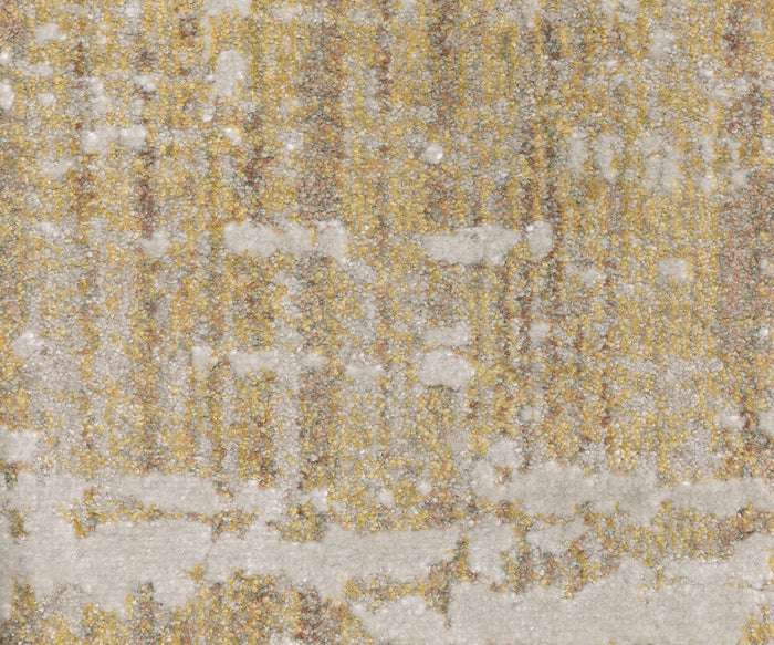 An abstract, close-up view of the Oriental Weaver Mallory / MAL06 Rug showcases its textured, power-loomed construction with a distressed, vintage-inspired pattern. The design features vertical stripes in muted gold, brown, and cream tones, accented by soft, patchy highlights that enhance its organic look.