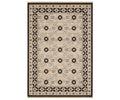 Introducing the Oriental Weavers Acacia / ACA09 Rug in Brown/Multi, featuring a rectangular design with a beige center, black geometric and floral patterns, and a wide black border adorned with evenly spaced circular, floral-like motifs. Expertly crafted on an Axminster loom for lasting quality, this rug is perfect for adding a touch of boho style to your space.