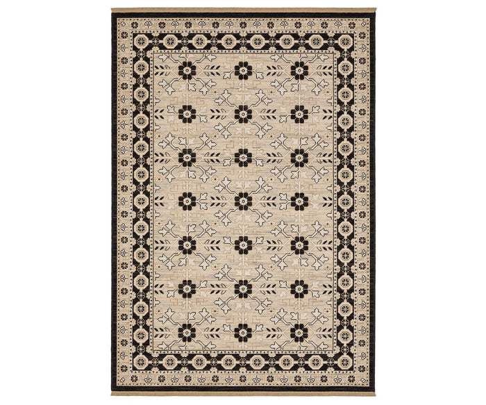 Introducing the Oriental Weavers Acacia / ACA09 Rug in Brown/Multi, featuring a rectangular design with a beige center, black geometric and floral patterns, and a wide black border adorned with evenly spaced circular, floral-like motifs. Expertly crafted on an Axminster loom for lasting quality, this rug is perfect for adding a touch of boho style to your space.