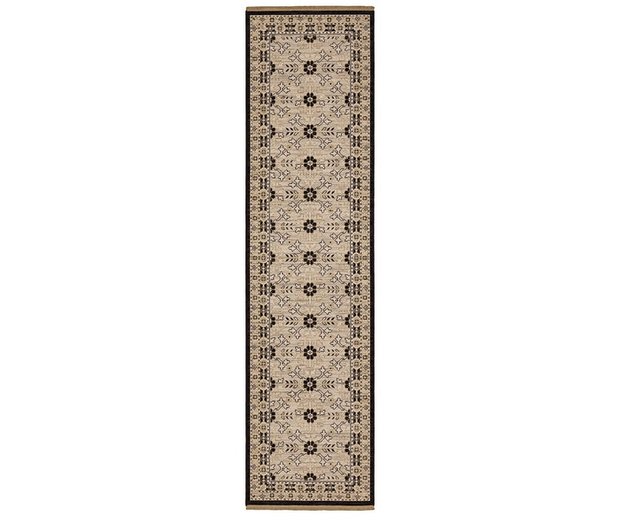 A long, narrow Oriental Weavers Acacia / ACA09 Rug in brown/multi, featuring a symmetrical dark floral and geometric pattern with a thin black and beige border.