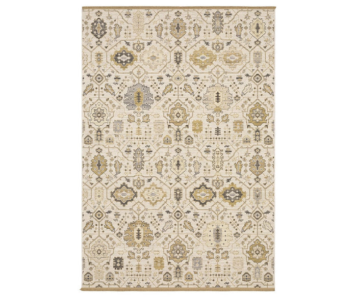 The Oriental Weavers Acacia / ACA11 Rug showcases a rectangular design with a cream background and features a sophisticated blend of beige and multi-colored muted tones. Its symmetrical, intricate pattern incorporates geometric shapes, floral motifs, and medallions—making it a perfect boho accent that lends timeless elegance to any space.