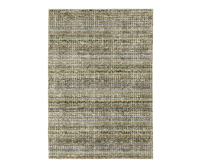 The Oriental Weavers Atlas / 747A Rug is a rectangular area rug from the Atlas Collection, featuring a durable machine-woven construction and a textured, woven pattern in earth tones. Showcasing layered, abstract stripes in shades of beige, brown, with hints of blue and green, this multi-colored rug is an ideal choice for high-traffic areas.