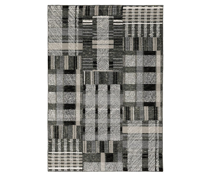 The Oriental Weavers Atlas / 752C Rug is a machine-woven rectangular area rug in Black/Multi, showcasing a patchwork of geometric and plaid patterns in various sizes and textures arranged in a grid layout—perfect for high-traffic areas.
